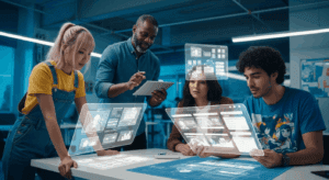 A futuristic workspace displays a diverse team collaborating over digital blueprints and 3D models, illustrating an innovative website structure for 2025. no texts on scene. photorealistic style, high resolution, 4k details, HDR, cinematic lighting, professional photography, studio lighting, vibrant colors.