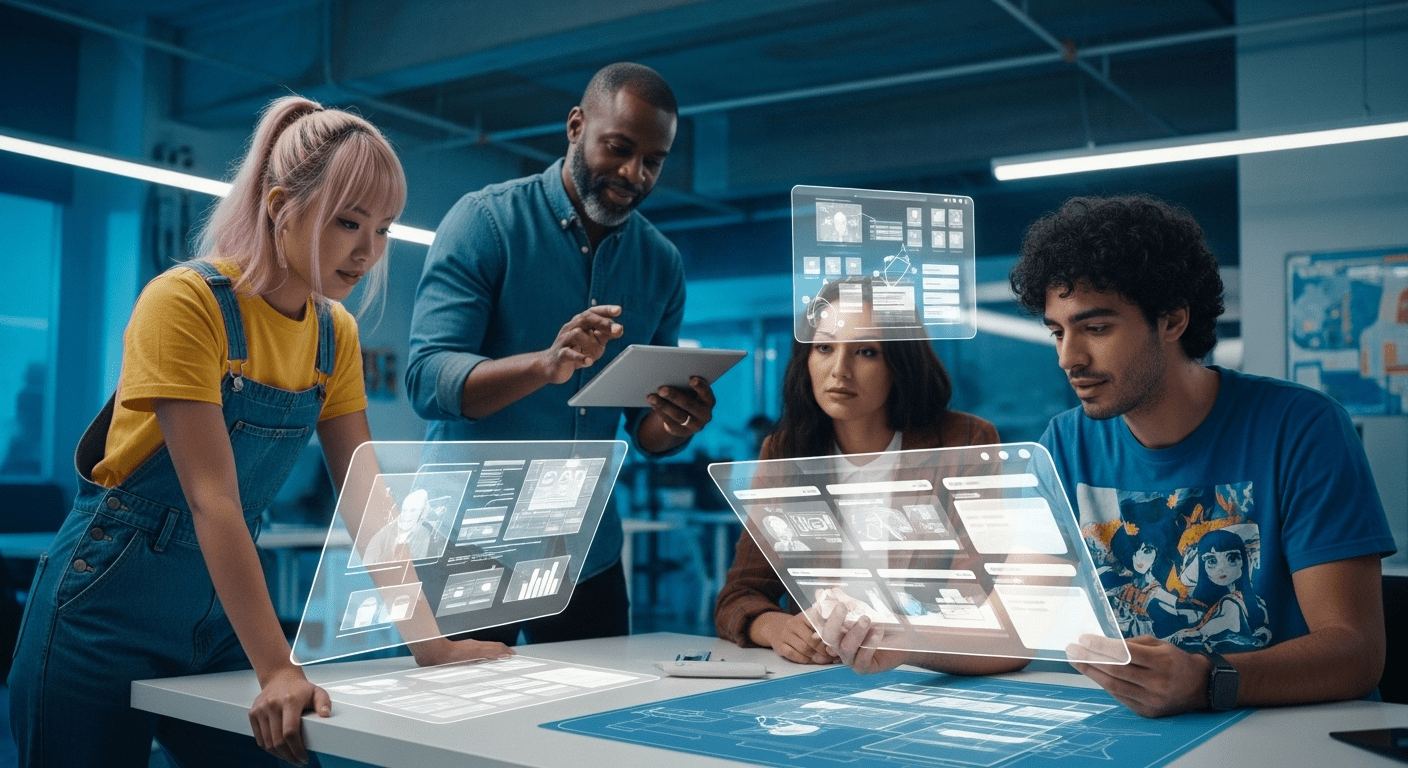 A futuristic workspace displays a diverse team collaborating over digital blueprints and 3D models, illustrating an innovative website structure for 2025. no texts on scene. photorealistic style, high resolution, 4k details, HDR, cinematic lighting, professional photography, studio lighting, vibrant colors.