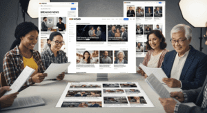 A dynamic and engaging news portal interface filled with vibrant headlines and images, showcasing articles being actively read by a diverse audience, illustrating a sense of connection and interest. no texts on scene. keywords: photorealistic style, high resolution, 4k details, HDR, cinematic lighting, professional photography, studio lighting, vibrant colors.