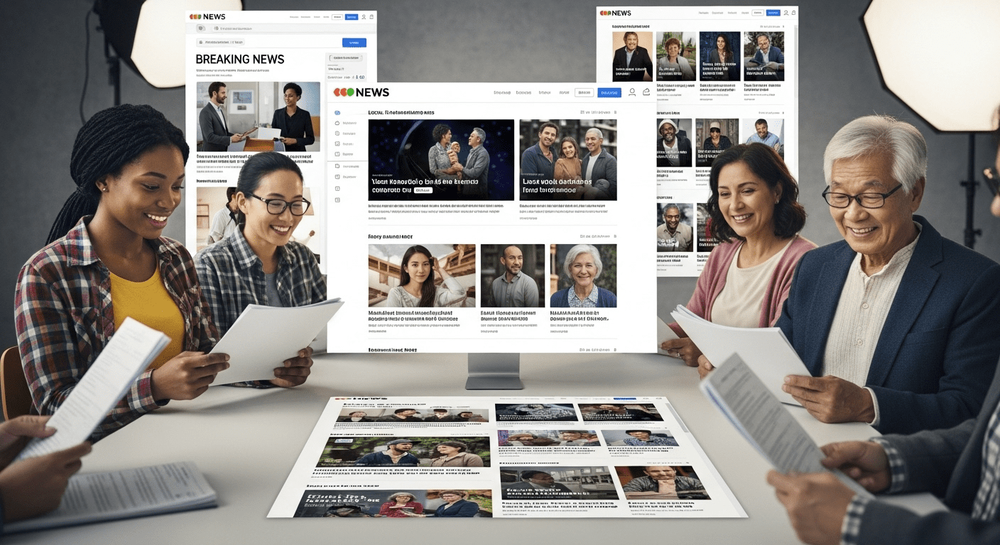 A dynamic and engaging news portal interface filled with vibrant headlines and images, showcasing articles being actively read by a diverse audience, illustrating a sense of connection and interest. no texts on scene. keywords: photorealistic style, high resolution, 4k details, HDR, cinematic lighting, professional photography, studio lighting, vibrant colors.