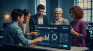 A dynamic, modern workspace filled with vibrant graphics and charts illustrating the concepts of affiliate marketing growth in 2025, featuring an enthusiastic team engaged in discussion around a high-tech digital dashboard. No texts on scene. Photorealistic style, high resolution, 4k details, HDR, cinematic lighting, professional photography, studio lighting, vibrant colors.