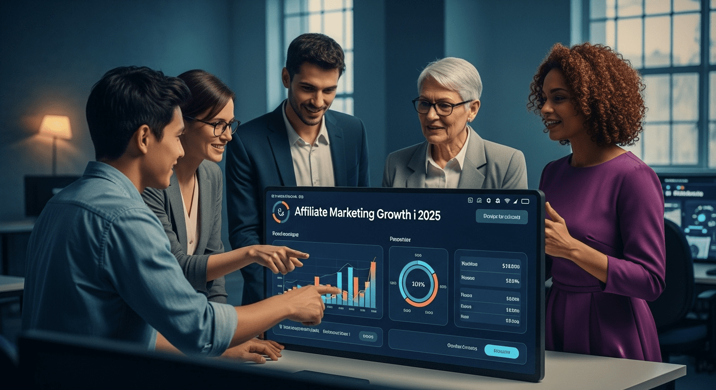 A dynamic, modern workspace filled with vibrant graphics and charts illustrating the concepts of affiliate marketing growth in 2025, featuring an enthusiastic team engaged in discussion around a high-tech digital dashboard. No texts on scene. Photorealistic style, high resolution, 4k details, HDR, cinematic lighting, professional photography, studio lighting, vibrant colors.