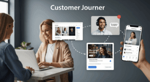 A dynamic visual representation of a customer's seamless journey from browsing a website to receiving exceptional service, with interconnected digital platforms and engaging customer interactions. no texts on scene. Keywords: photorealistic style, high resolution, 4k details, HDR, cinematic lighting, professional photography, studio lighting, vibrant colors.