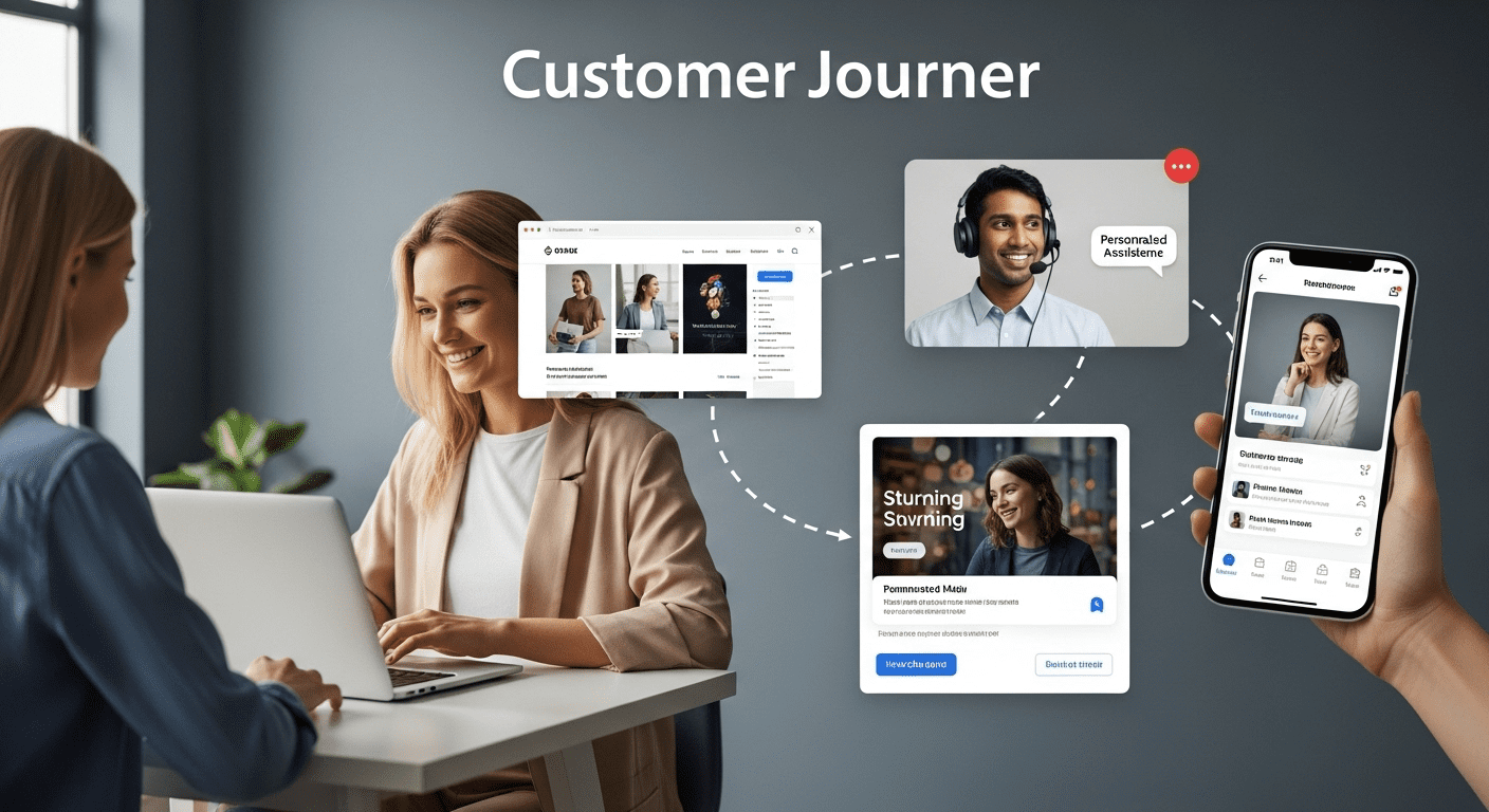 A dynamic visual representation of a customer's seamless journey from browsing a website to receiving exceptional service, with interconnected digital platforms and engaging customer interactions. no texts on scene. Keywords: photorealistic style, high resolution, 4k details, HDR, cinematic lighting, professional photography, studio lighting, vibrant colors.