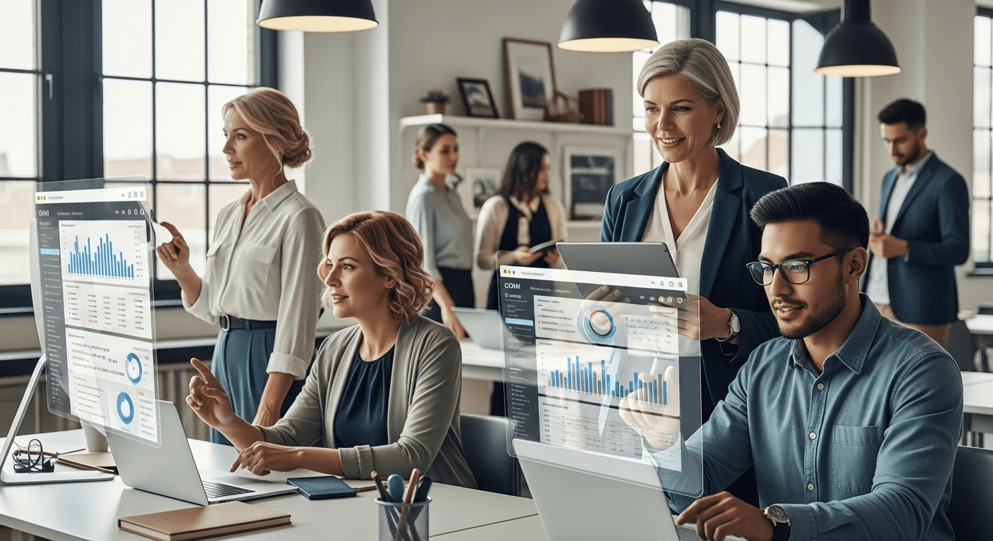 A visually engaging scene depicting a modern office environment where professionals interact with a high-tech CRM dashboard on sleek digital devices, illustrating seamless sales management and collaboration. No texts on scene. Keywords: photorealistic style, high resolution, 4k details, HDR, cinematic lighting, professional photography, studio lighting, vibrant colors.