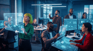 A futuristic workspace showcasing diverse individuals engaged in creative processes, utilizing advanced technology and collaborative tools to brainstorm innovative ideas for the year 2025. no texts on scene. Keywords: photorealistic style, high resolution, 4k details, HDR, cinematic lighting, professional photography, studio lighting, vibrant colors.
