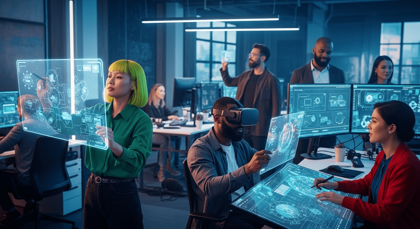 A futuristic workspace showcasing diverse individuals engaged in creative processes, utilizing advanced technology and collaborative tools to brainstorm innovative ideas for the year 2025. no texts on scene. Keywords: photorealistic style, high resolution, 4k details, HDR, cinematic lighting, professional photography, studio lighting, vibrant colors.