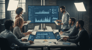 A modern office setting where a digital marketing team is brainstorming strategies, surrounded by high-tech devices and visual graphs illustrating conversion metrics, symbolizing the quest for improvement in website conversion rates for 2025. no texts on scene. photorealistic style, high resolution, 4k details, HDR, cinematic lighting, professional photography, studio lighting, vibrant colors.