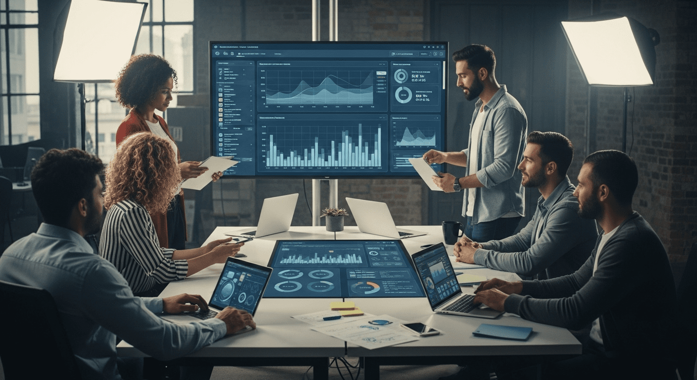 A modern office setting where a digital marketing team is brainstorming strategies, surrounded by high-tech devices and visual graphs illustrating conversion metrics, symbolizing the quest for improvement in website conversion rates for 2025. no texts on scene. photorealistic style, high resolution, 4k details, HDR, cinematic lighting, professional photography, studio lighting, vibrant colors.