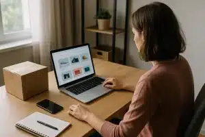 Empreendedora criando uma loja virtual do zero em notebook com caixas e materiais de trabalho