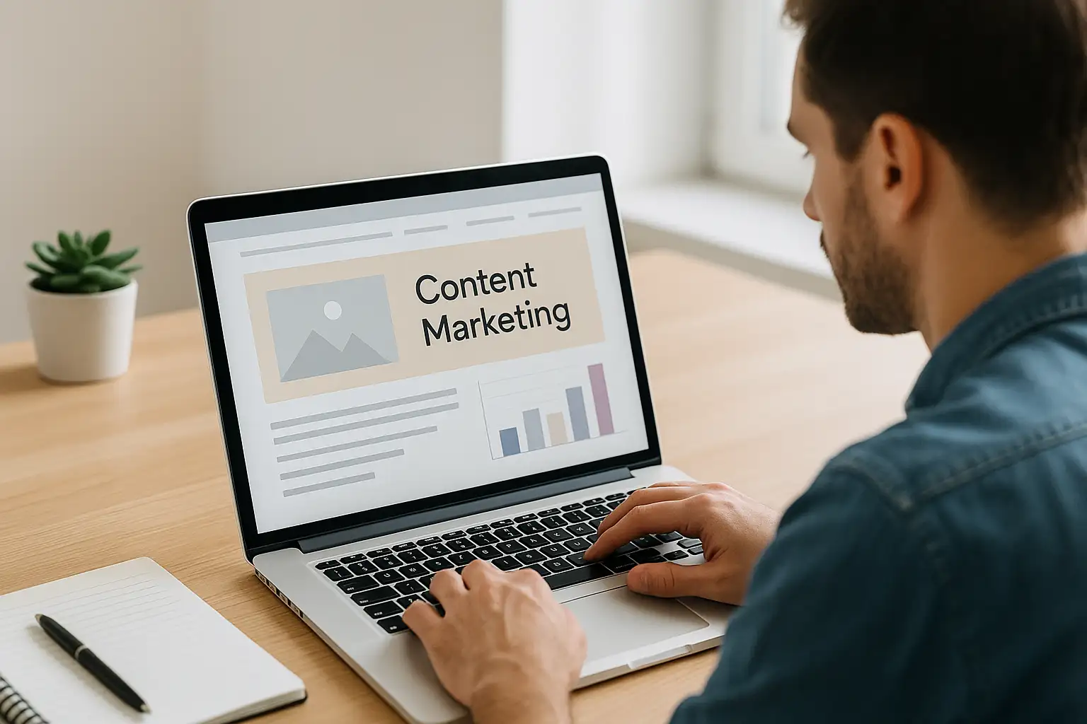 Profissional de marketing analisando estratégias de conteúdo em laptop