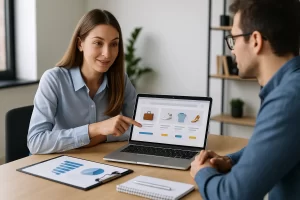 Empreendedora explicando como criar uma loja virtual em notebook com produtos exibidos